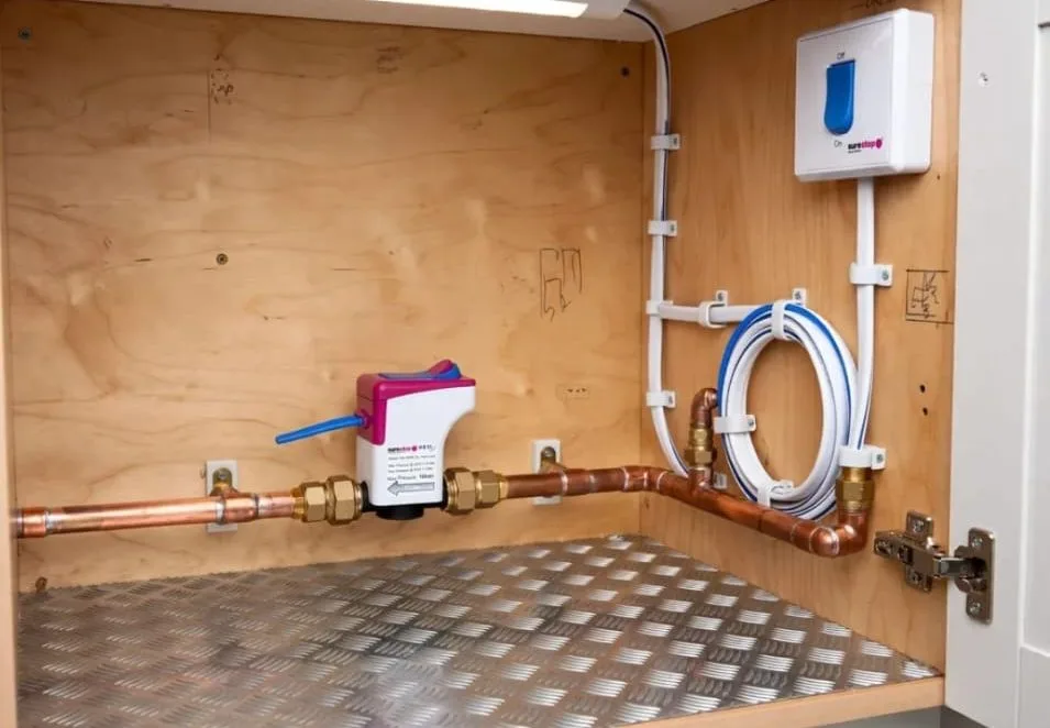 Metered water pipework and stopcock installed inside a kitchen cabinet