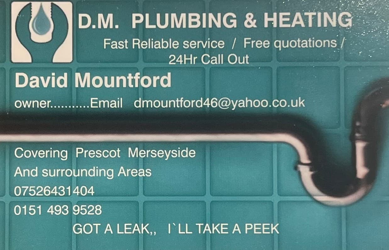 D.M. Plumbing & Heating business card showing David Mountford's contact details